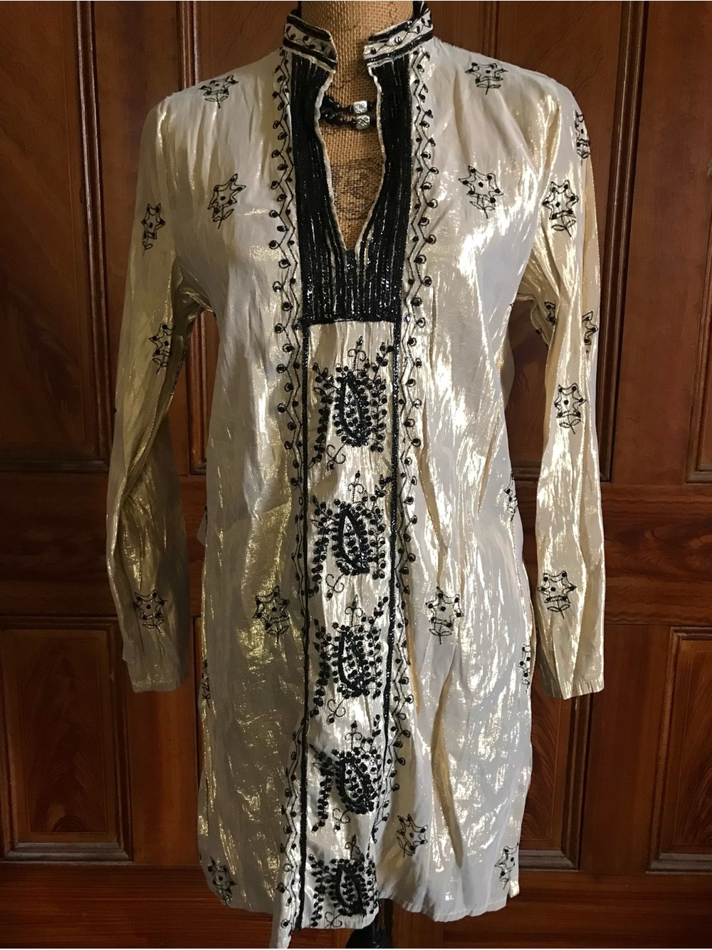 Vintage Boho Hippie Gypsy Light Gold with Black Sequin Paisley Tunic Blouse Top